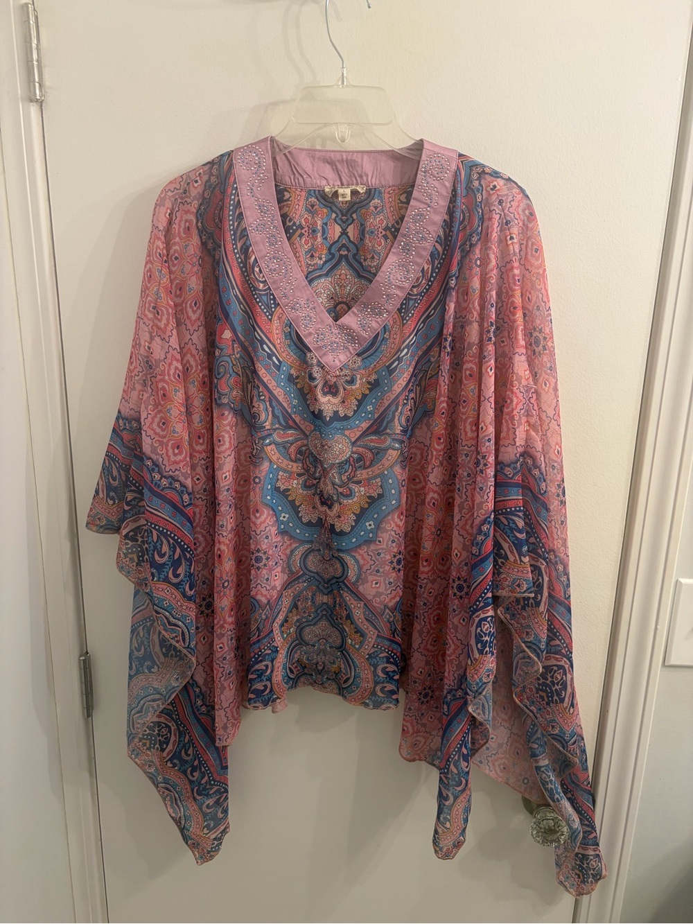 ONE WORLD Pink Paisley V-Neck Tunic with Blue Accents